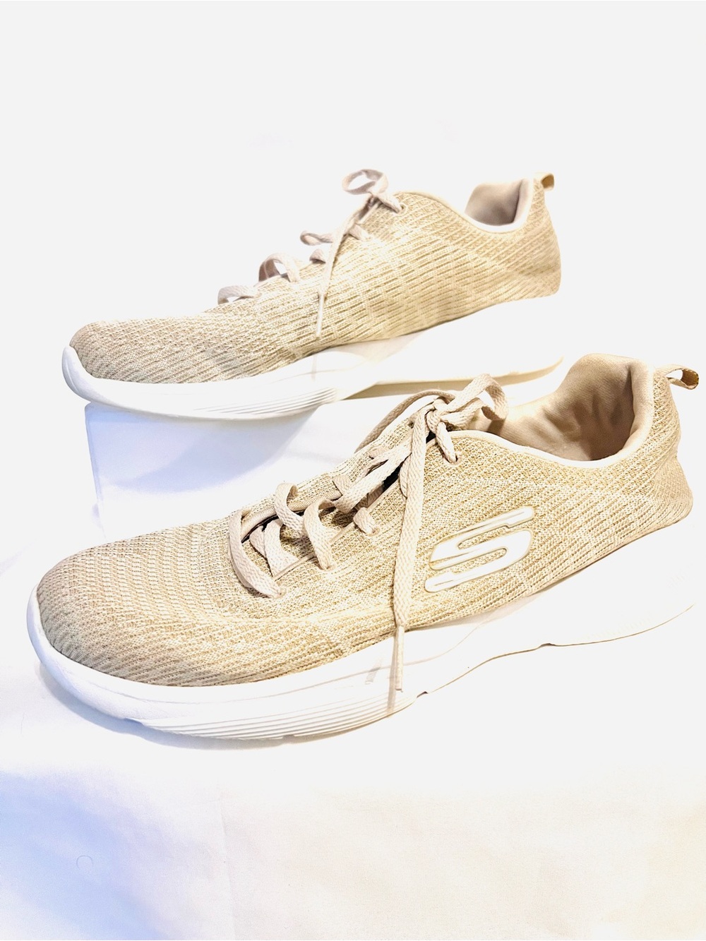 Skechers Skech Knit Beige/White Lace-Up Sneakers-Women's 9-Lightweight-Comfy